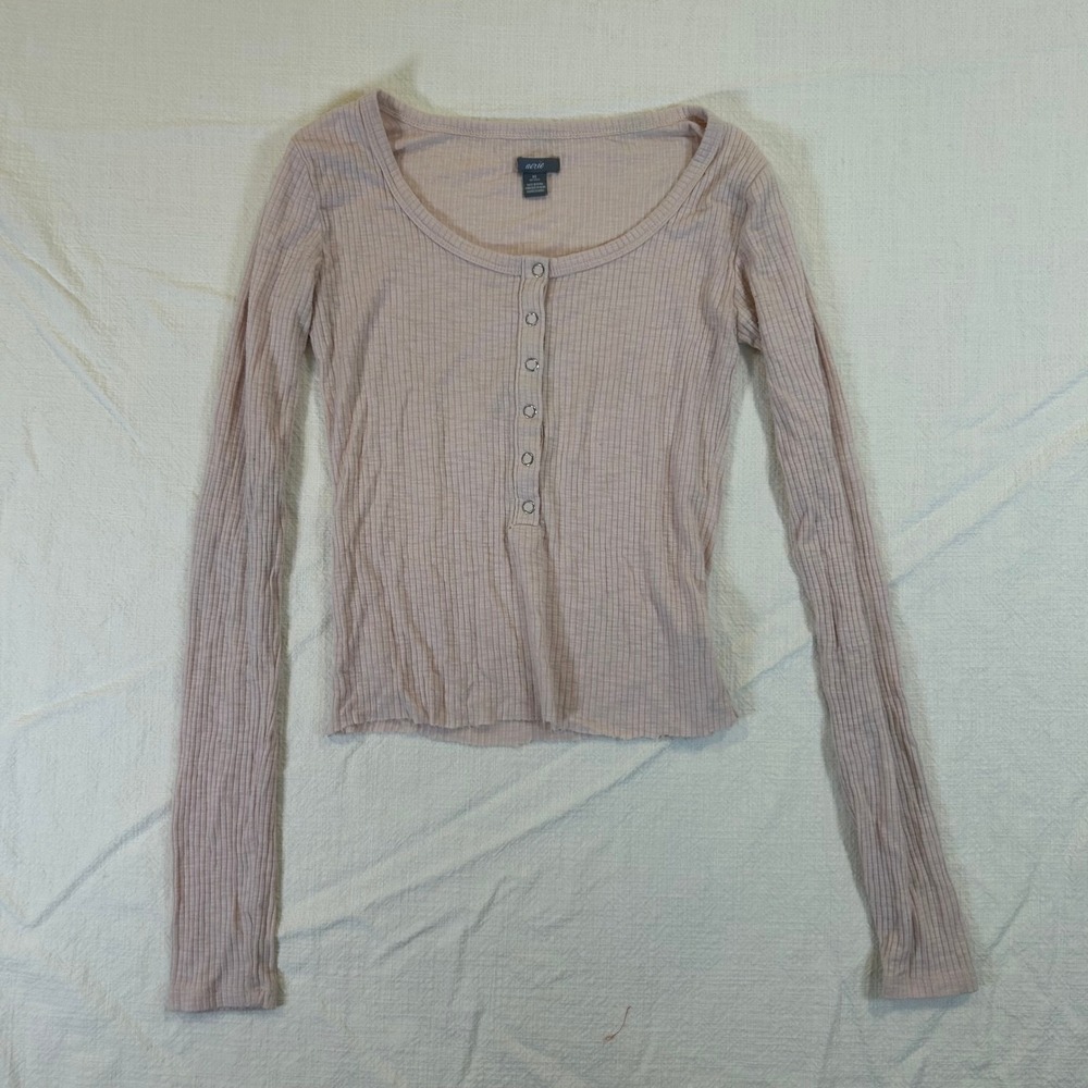 Aerie Womens XS Pink Ribbed Long Sleeve Henley Snap Button Top Scoop‎ Neck